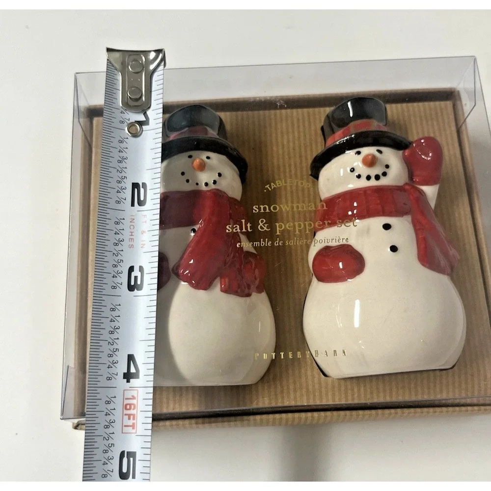 Pottery Barn Nostalgic Snowman Ceramic Salt & Pepper Shakers Christmas NIB!‎
